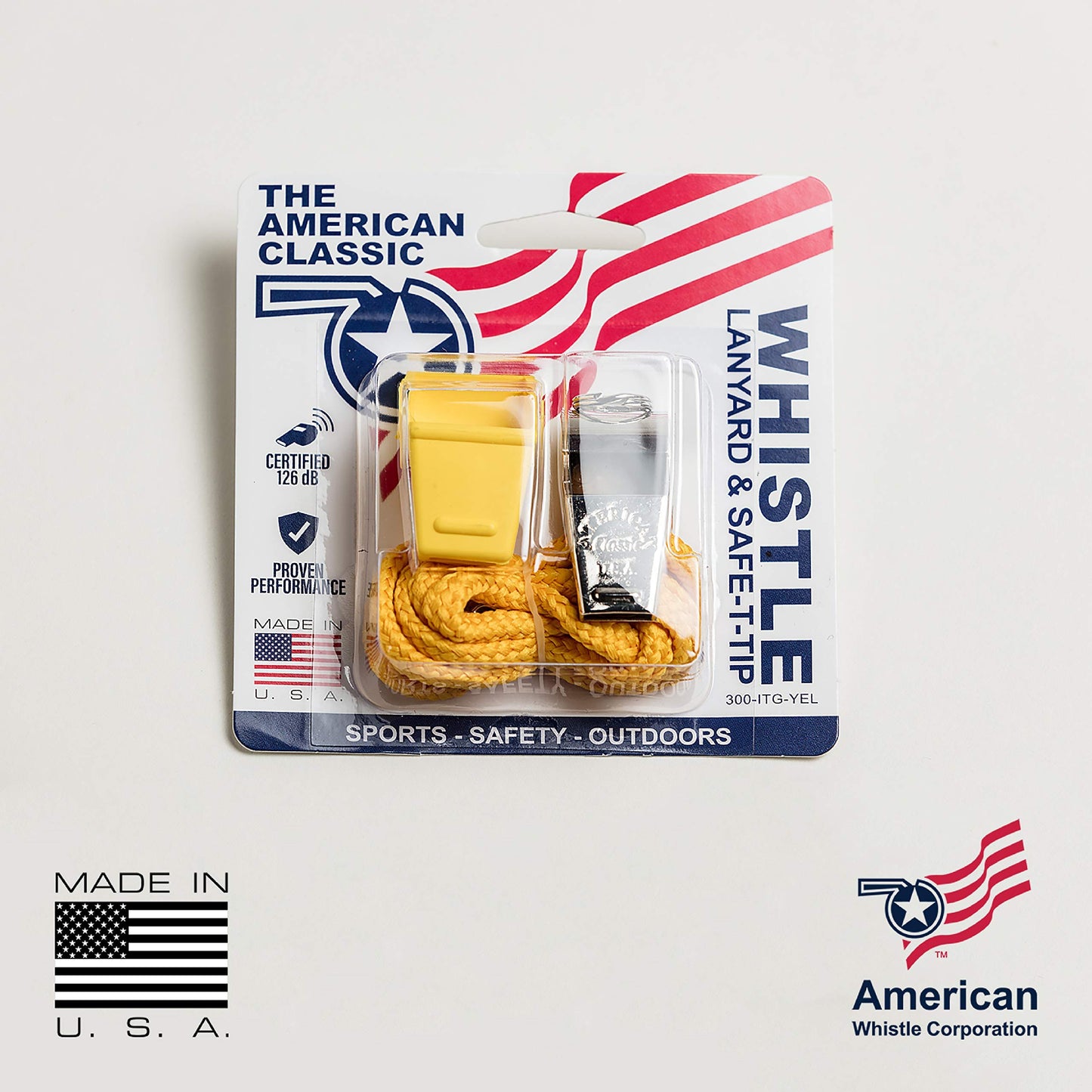 American Whistle Corporation American Classic Whistle - 126 db Solid Brass Whistle with Lanyards and Safe-T-Tip - Made in America (Yellow)