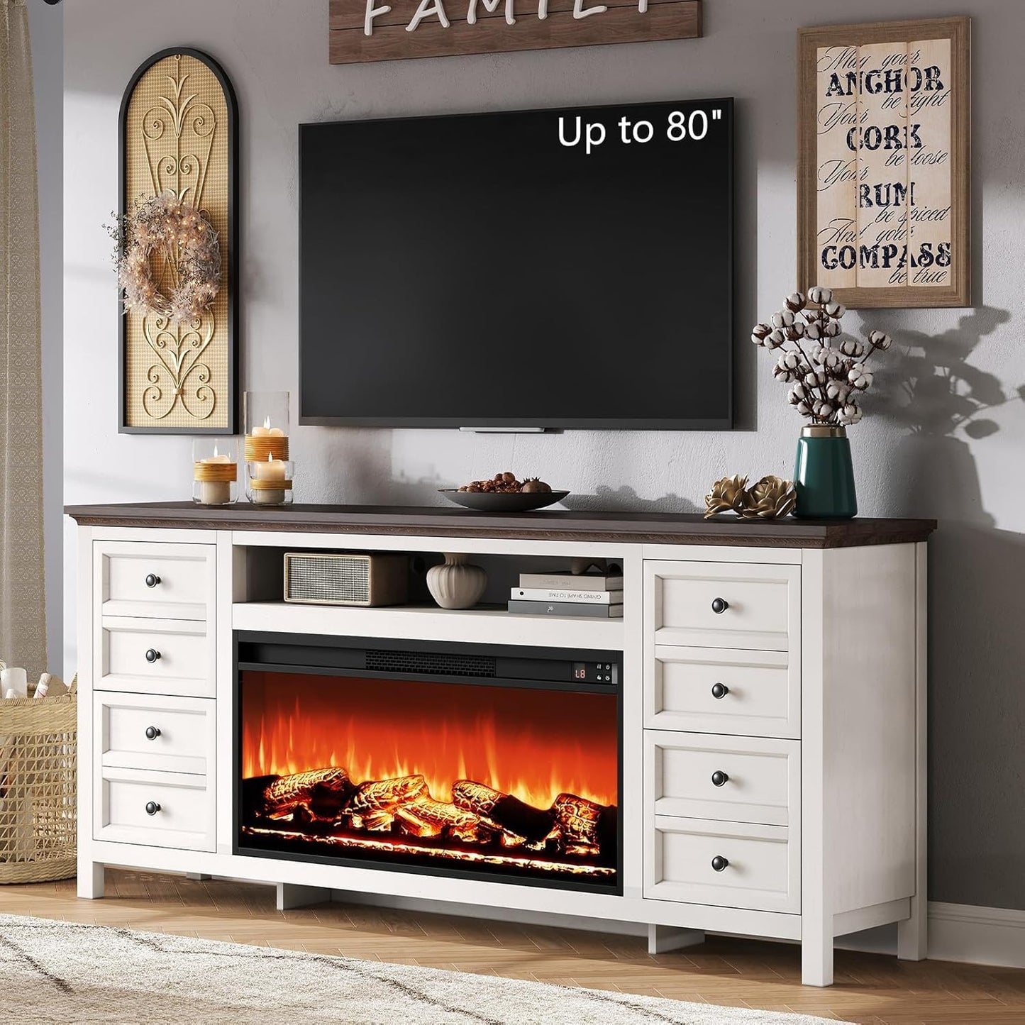 AMERLIFE 70" Farmhouse TV Stand with 37" Fireplace for 80" TVs - Dresser TV Stand w/Heater, 4 Storage Drawers, Rustic Media Entertainment Center for Living Room, Bedroom, White