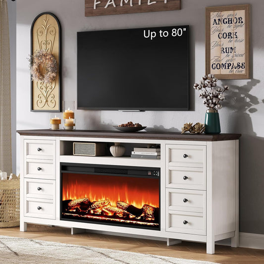 AMERLIFE 70" Farmhouse TV Stand with 37" Fireplace for 80" TVs - Dresser TV Stand w/Heater, 4 Storage Drawers, Rustic Media Entertainment Center for Living Room, Bedroom, White