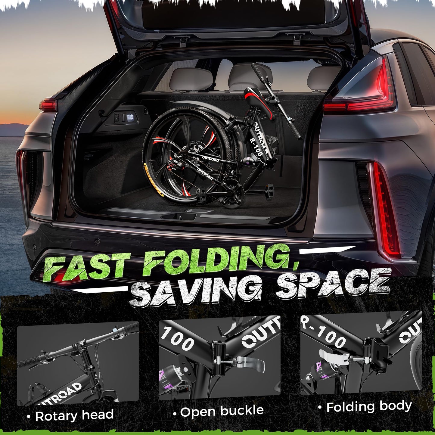 Outroad 26 Inch Folding Mountain Bike, 21 Speed Dual Disc Brake Non-Slip Folding Bikes, Full Suspension High-Carbon Steel MTB Foldable Bicycle for Adults/Men/Women, Black