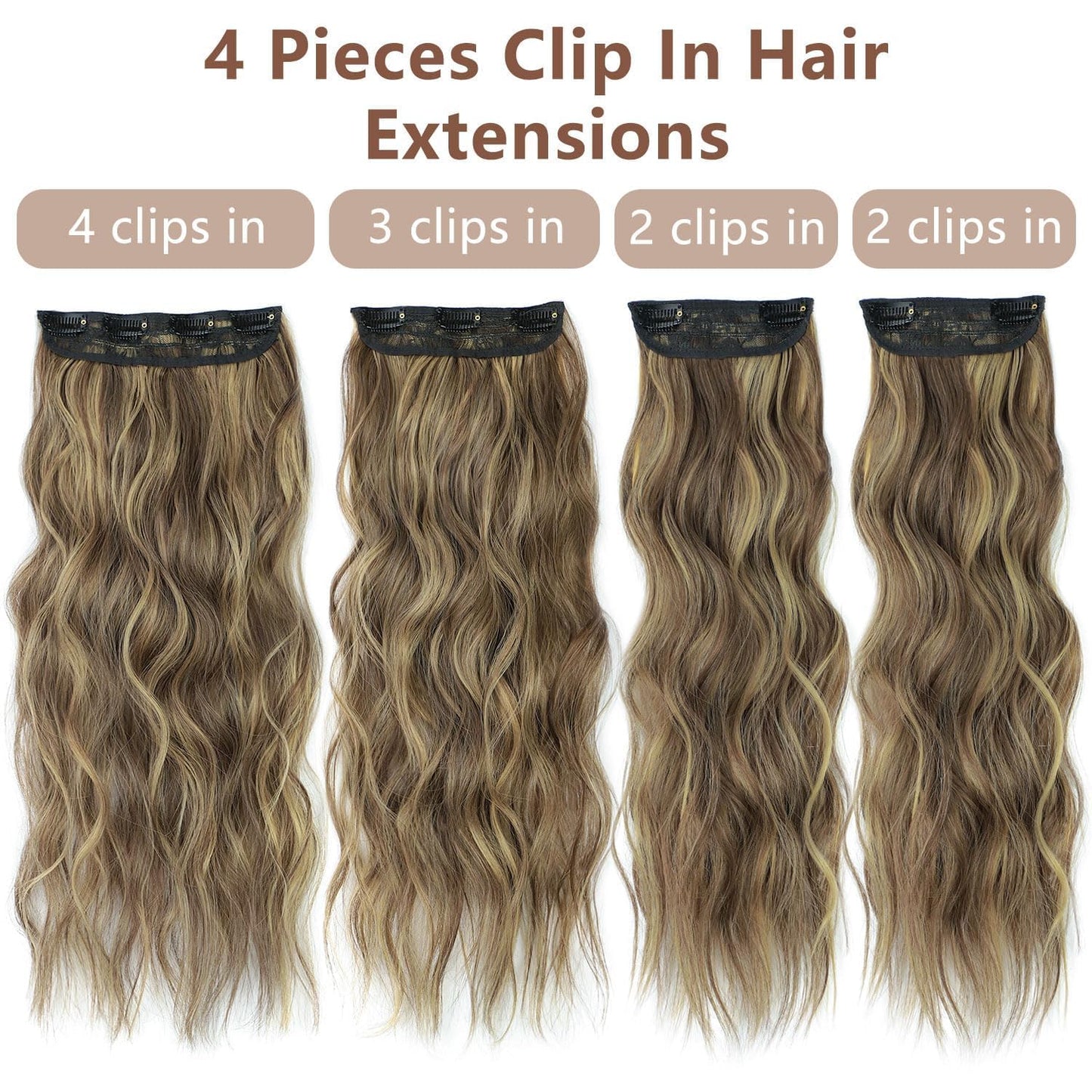 ALXNAN Clip in Long Wavy Synthetic Hair Extension 4PCS Thick Hairpieces Fiber Double Weft Hair for Women … (20 Inch, Mixed Brown & Blonde)