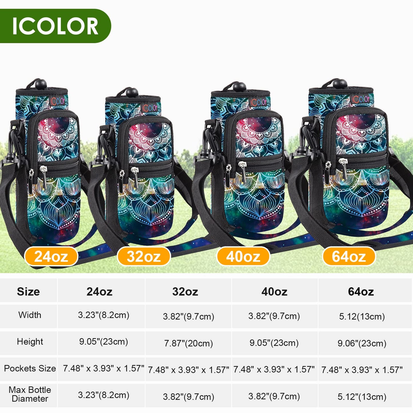 icolor Water Bottle Carrier Bag Holder 25/32/40/64oz,Adjustable Padded Shoulder & Handle Strap Sports Sling Hiking Pack,Insulated Neoprene Wide Mouth Bottle Sleeve