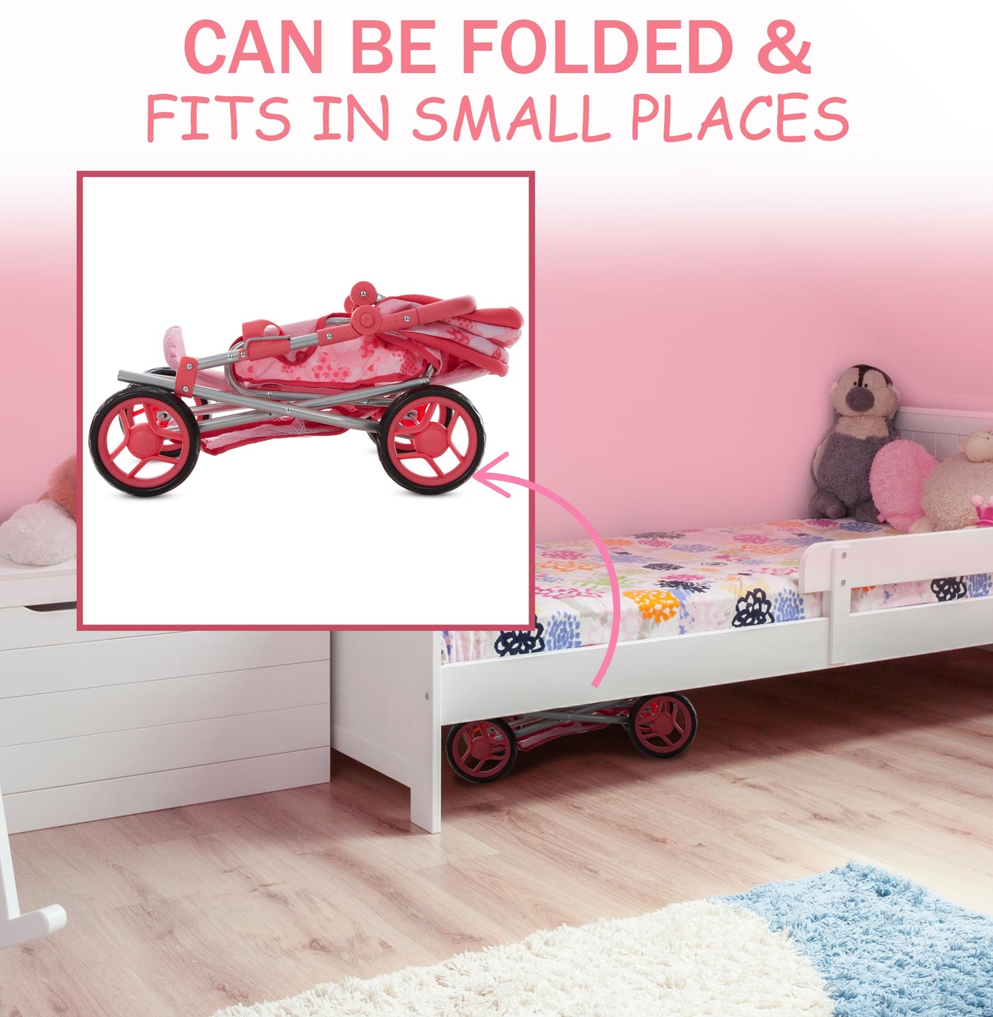 Baby Doll Convertible Pram Stroller with Removable Travel Bassinet Carrier for Kids Adjustable Handle Buggy Carriage with Canopy and Storage Basket 25 Inch Pink