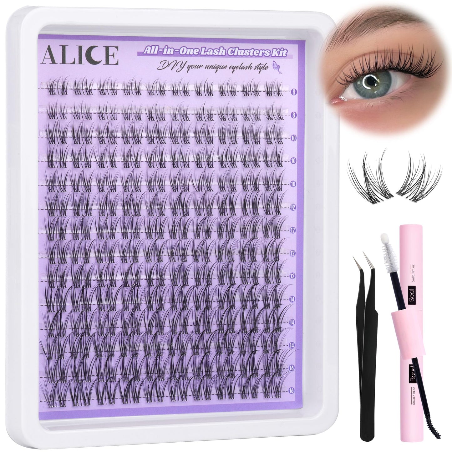 ALICE Cluster Eyelash Extension Kit Natural Wispy Lash Clusters Kit Lash Extension Kit Clear Band 168pcs C Curl 11-13mm Individual Lashes with Lash Glue Bond and Seal Self Application at Home