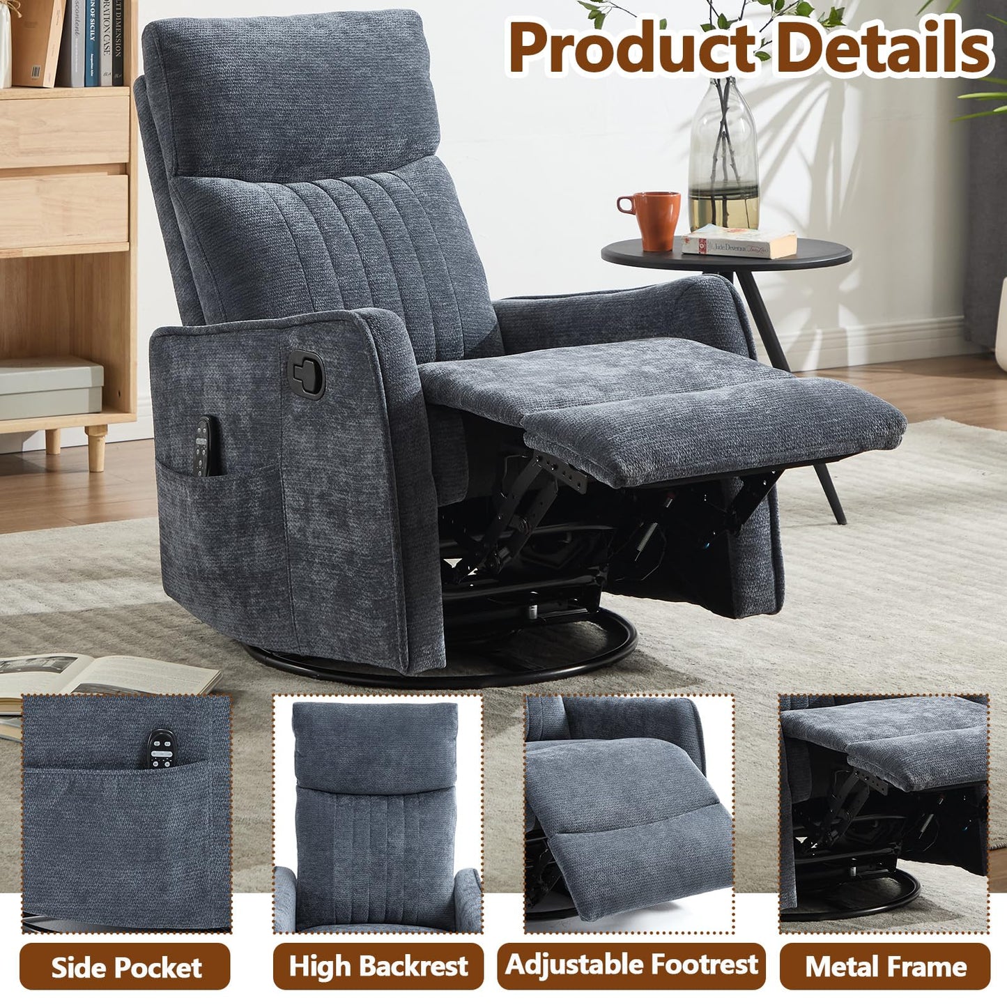 Massage Recliner Chair with Heat, Slim Recliners for for Adults, Swivel Rocking Chair Recliner with High Back, Small Recliner Chair for Small Spaces Living Room, Adjustable Footrest (Blue 2)