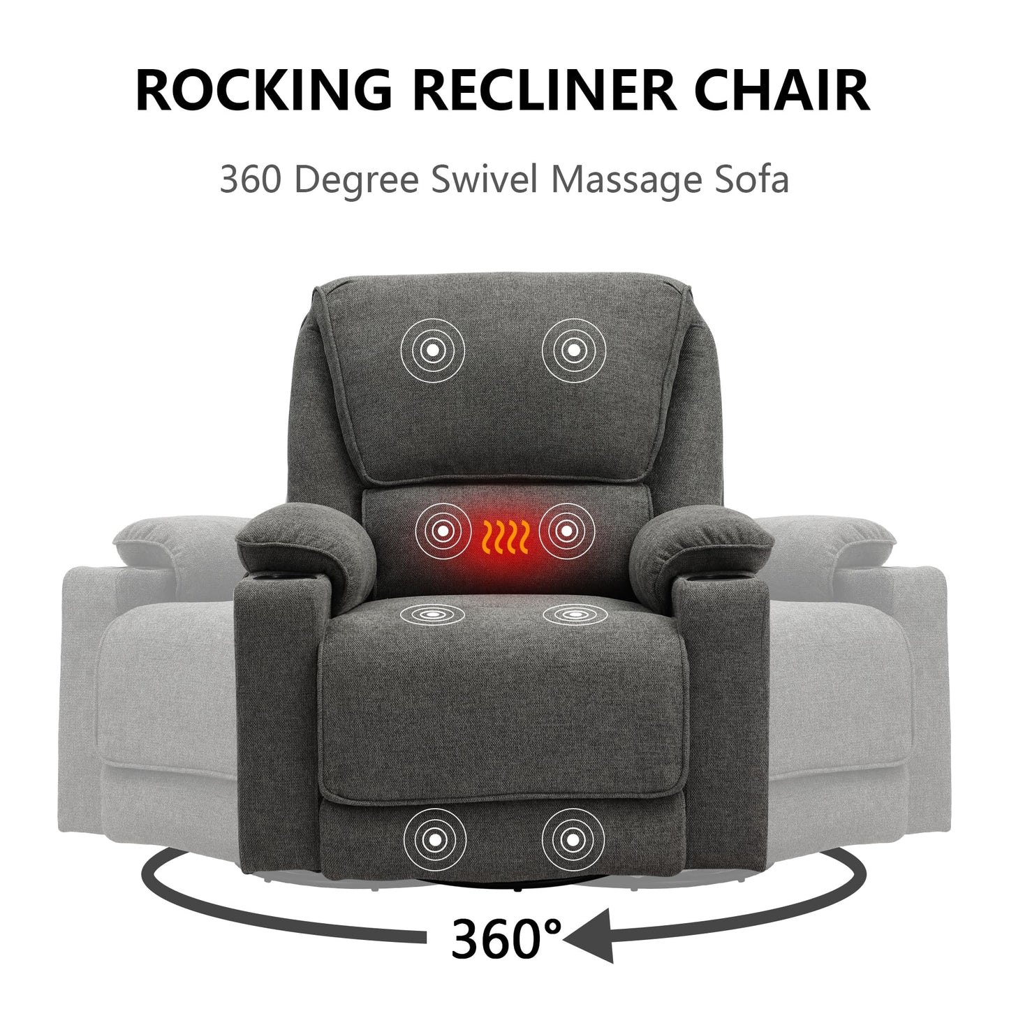 KIGOTY Recliner Chair Swivel Glider with Cup Holder, Recliners with Massage and Heating, Manual Reclining Chair with Footrest and 360 Swivel Rotation Base for Living Room (Dark Grey)