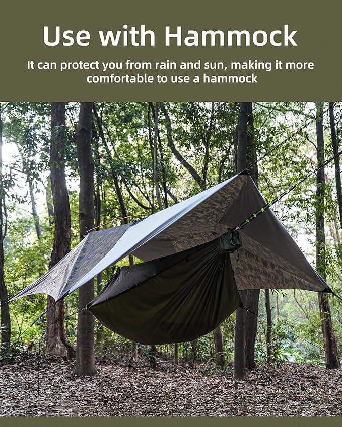 Camping Tent Tarp Waterproof, Ultralight Hammock Rain Fly, Portable Rain Tarp Canopy with Doors, Multifunctional Bushcraft Tarp for Outdoor Backpacking Hiking, UV Protection