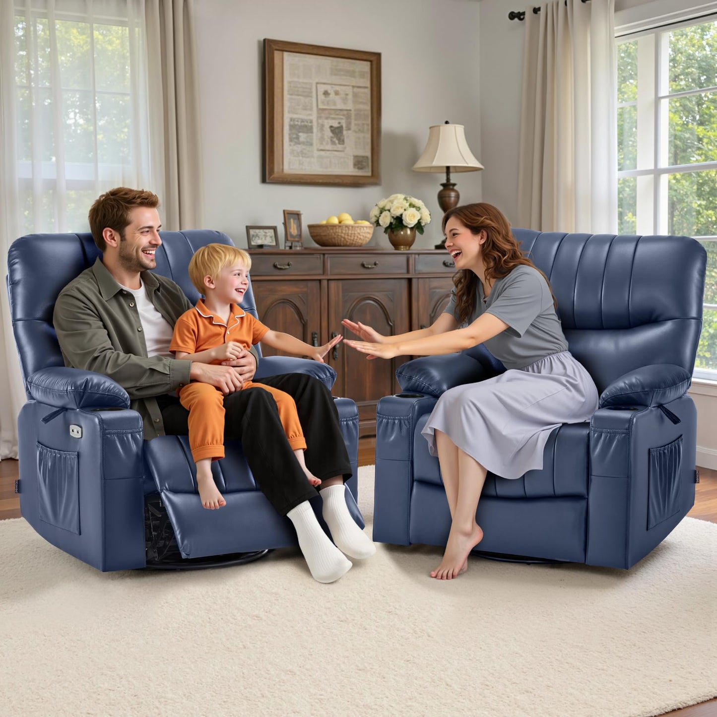 MCombo Power Swivel Glider Rocker Recliner Chair for Living Room with Vibration and Heat, USB Ports, Cup Holders and Pockets, Faux Leather 7785 (Navy Blue)