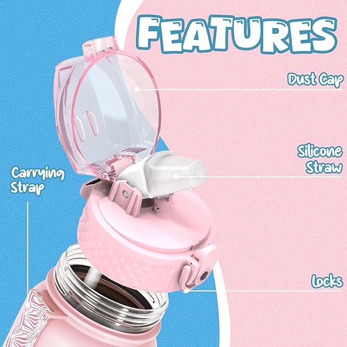 OLDLEY Kids Water Bottle for School, 17 oz (Straw Lid) BPA-Free Reusable Leak-proof Durable Tritan Plastic Water Bottles with One-handed Opening Straw Lids, Anti-dust Spout Cover (Pink)