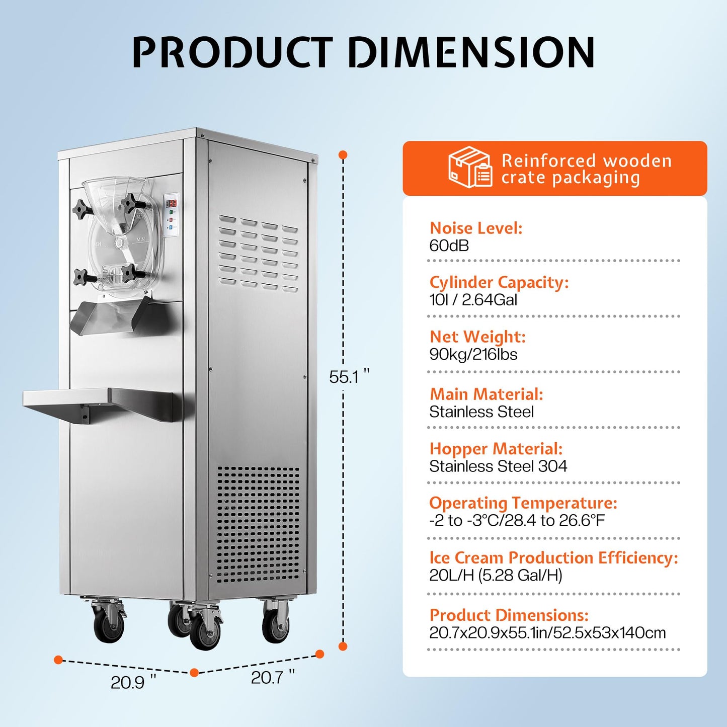 Jocisland 20L/H Commercial Hard Ice Cream Machine, 1600W Ice Cream Maker with 10L 304 Stainless Steel Cylinder, LED Panel, Auto Clean & Pre-Cooling for Restaurants & Snack Bars