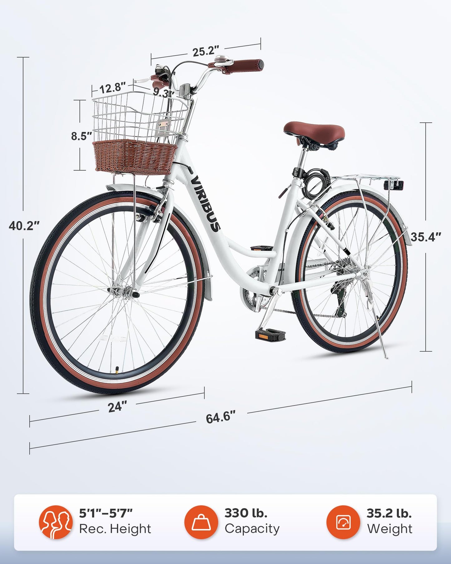 Viribus Womens Bike, 7 Speed Bike for Adults 24 in with Ratten Basket, Beach Cruiser Bike for Women, Step Through Bicycle for City Commuter, Retro Female Ladies Bicycle White 330 lb.