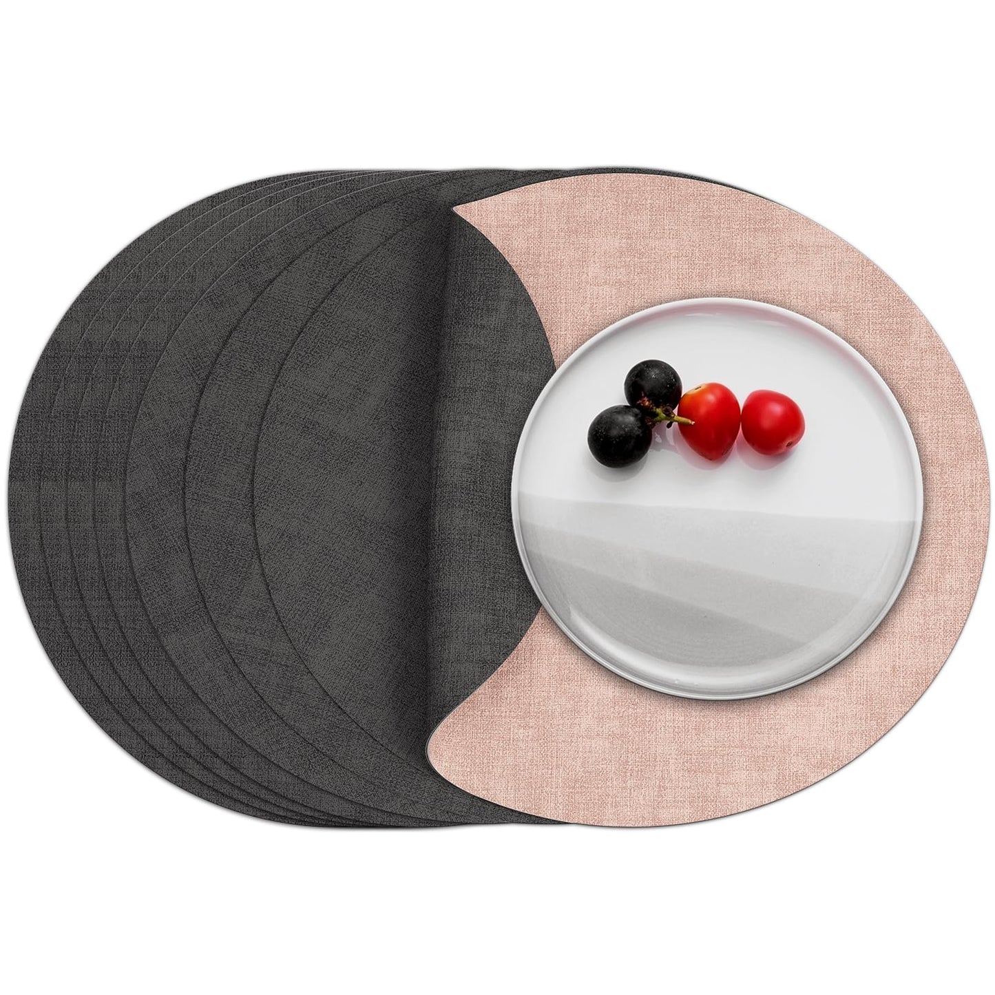 Myir JUN Round Placemats, Dual Sided Faux Leather Place Mats Set of 4 Indoor/Outdoor Non-Slip Washable Table Mats (Gray Blue, Set of 4)