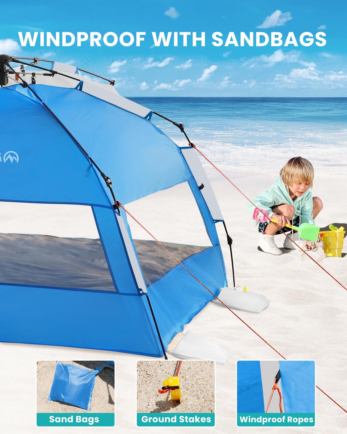 OutdoorMaster Beach Tent with Blackout Shelter Technology, Portable Sun Shade Shelter 4 Person, Pop Up Beach Tents with UPF 50+ UV Protection, 9.5mm Thick Pole, 3 Ventilating Mesh Windows