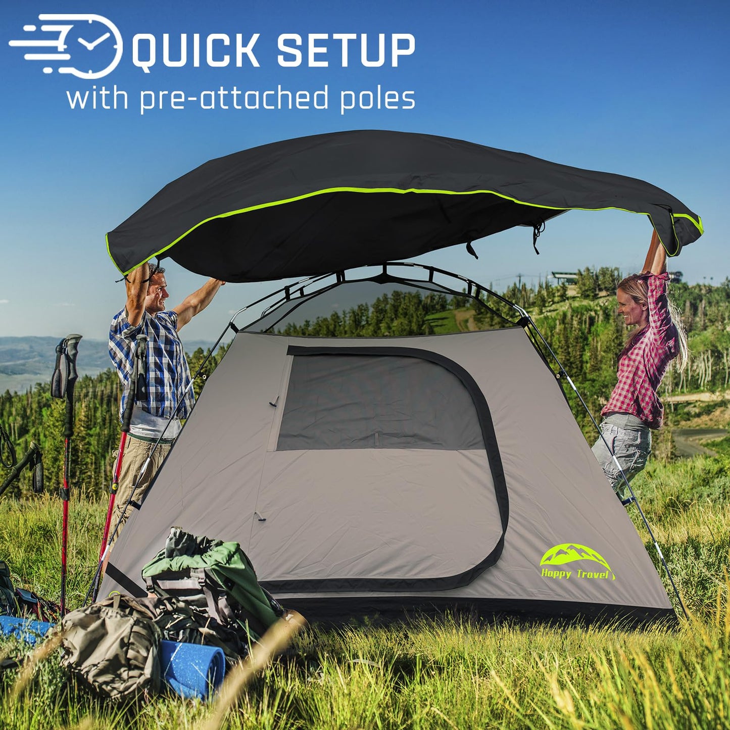 Happy Travel Camping Tent, 4 Person Dome Tents for Camping with Rainfly, Waterproof Clip Easy Setup Portable Family Tent with Mesh Windows, 20% More Headroom Backpacking Tents for Camping & Hiking