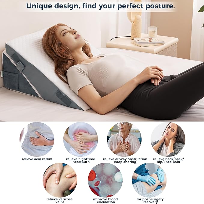 3PCS Bed Wedge Pillow Set - Memory Foam Adjustable 8&12'' Folding Triangle Pillow for Leg Knee Support Sleep Apnea Back Pain Relief Acid Reflux Snoring Sitting Up Rest Post Surgery Recovery