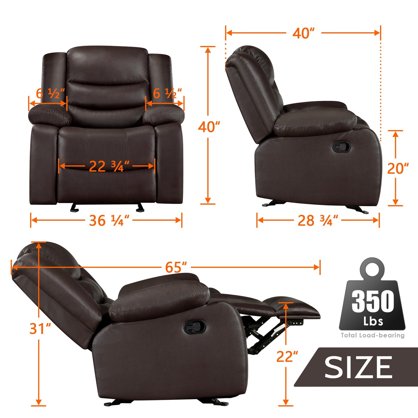 PrimeZone Oversized Rocker Recliner Chair - Comfy Wide Lazy Boy Recliner Chair with Overstuffed Armrest, Faux Leather Manual Reclining Chairs for Living Room, Bedroom, Home Theater Seating, Brown
