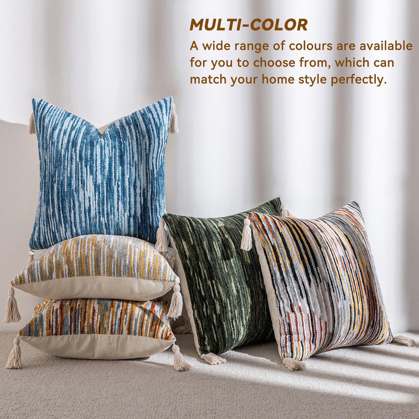 AmHoo Boho Throw Pillow Covers Set of 2 Decorative Bohemian Woven Tufted Striped Farmhouse with Tassels Textured Cushion Case Pillowcase Neutral for Sofa Couch Bed 18 x 18-Inch Sky Blue