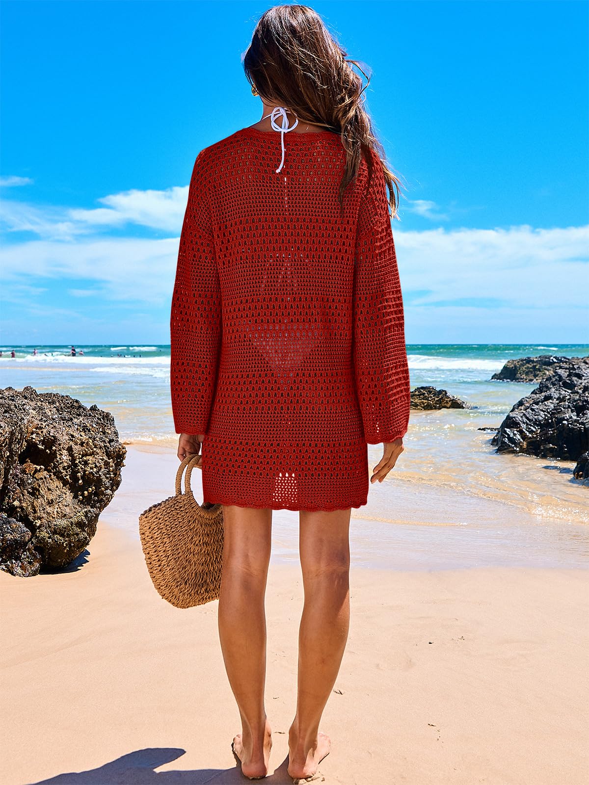 ANRABESS Women Swimsuit Crochet Swim Cover Up 2024 Summer Bathing Suit Swimwear Mesh Knit Beach Dress Vacation Outfits Burgundy Small
