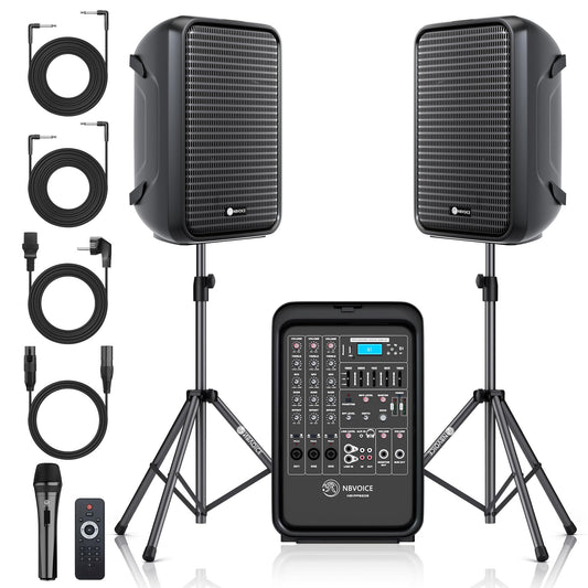 NBVOICE Professional Portable All-in-One 2-Way PA System Suitcase-Style Design with 8-Channel Mixer and 2X Speaker Stands,Bluetooth, Microphone, Remote Control for Performances, Presentations