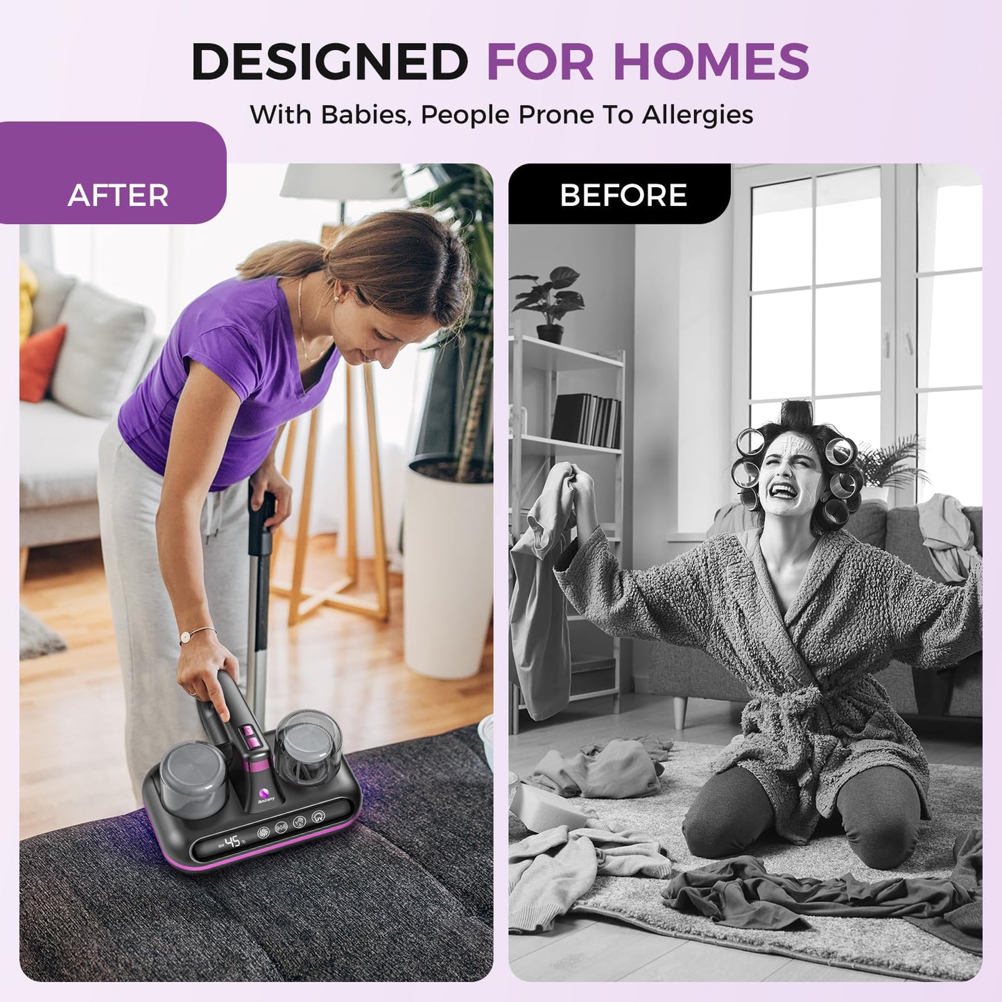 Amzany Mattress Vacuum Cleaner - 5-in-1 Cordless Bed Vacuum Cleaner, Powered by Ultrasonic Technology, 16Kpa Strong Suction,Low Noise,Suitable for Dust, Pet Hair, Etc - Grey