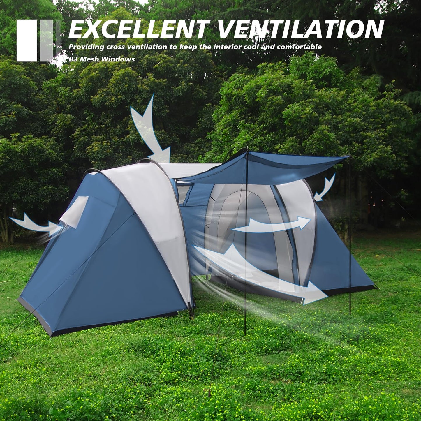 Thinlute 2-4 Person Family Camping Tent with Porch, Weatherproof Camping Shelter with Rainfly, 2 Room Easy Set Up Family Tent with Living Area for Outdoor, Backyard, Hiking