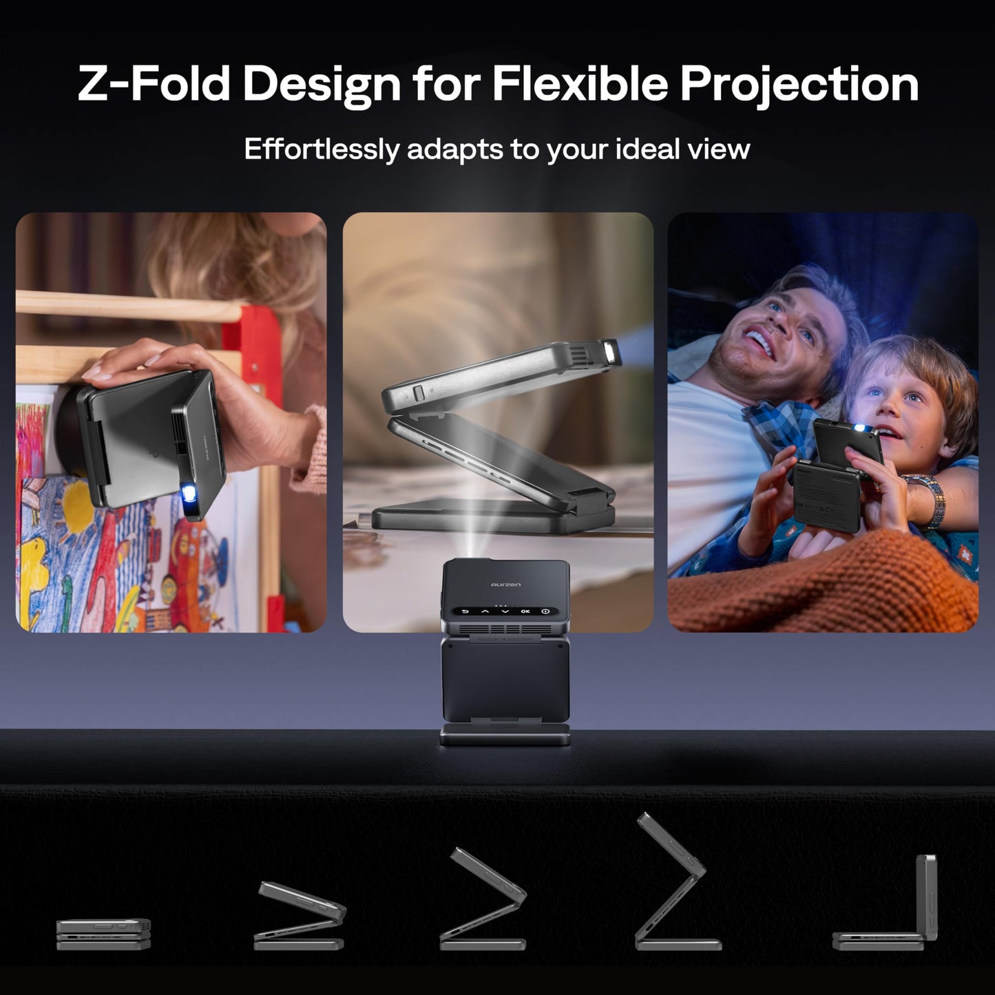 Aurzen ZIP Tri-Fold DLP Truly Mini Projector, Pocket Size, Zero-Lag Focus, One-Click Screen Mirroring, Full-Screen Mode, Type-C Fast Charging, 5,000mAh Battery, Indoor Outdoor Portable Projector, Grey