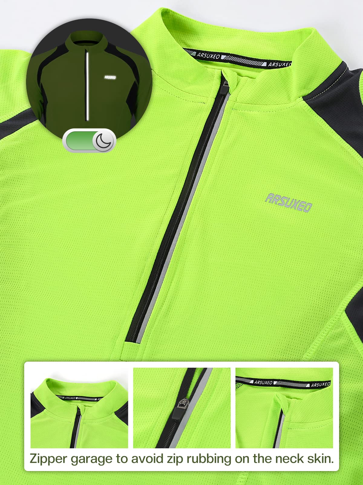 ARSUXEO Men's Half Zipper Cycling Jerseys Long Sleeves MTB Bike Shirts 6031 Green Size Medium