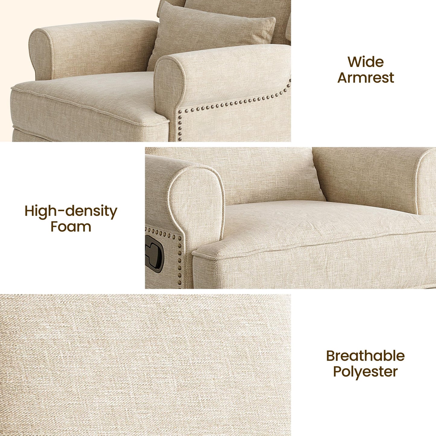 RoyalCraft Swivel Recliner Chair with Extra Large Footrest, Comfy Upholstered Glider Rocking Chair for Living Room, Bedroom and Ofice, Beige