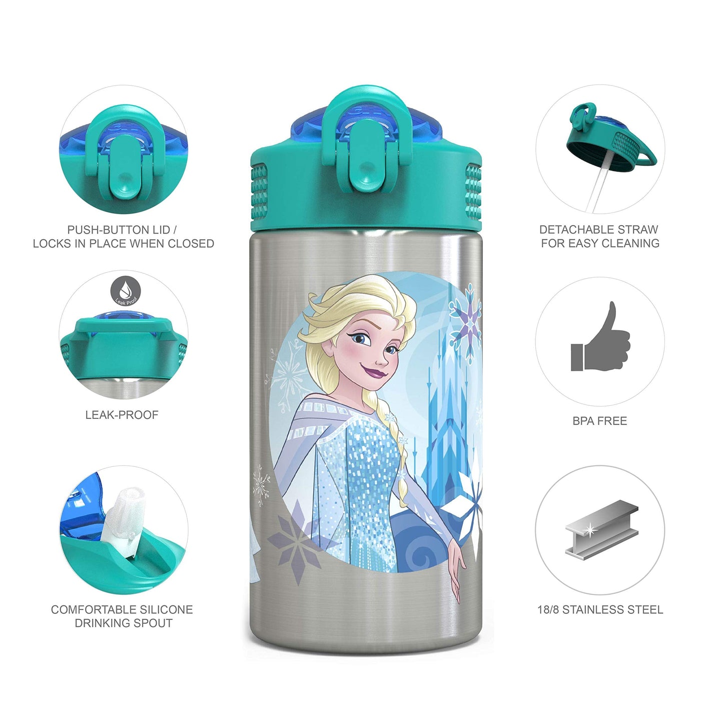 Zak Designs 15.5oz Stainless Steel Kids Water Bottle with Flip-up Straw Spout - BPA Free Durable Design, Frozen Girl SS