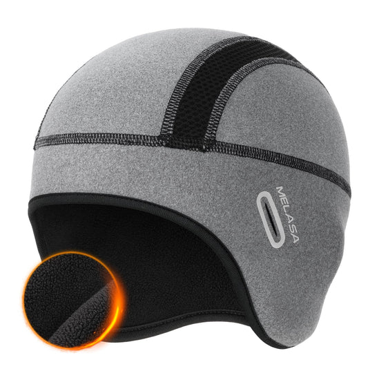 MELASA Thermal Fleece Skull Cap Beanie with Glasses Holes, Ear Warmer Helmet Liner, Winter Cycling Bike Hat for Men Women Grey