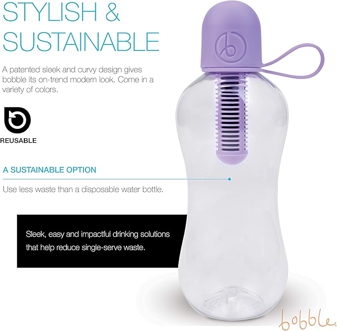 Bobble Classic Water Bottle, Filtered Water, BPA-Free Reusable Bottle, Soft Touch Carry Cap with Replaceable Carbon Filter for Sustainable Water and Hydration 34 oz (Lavender)
