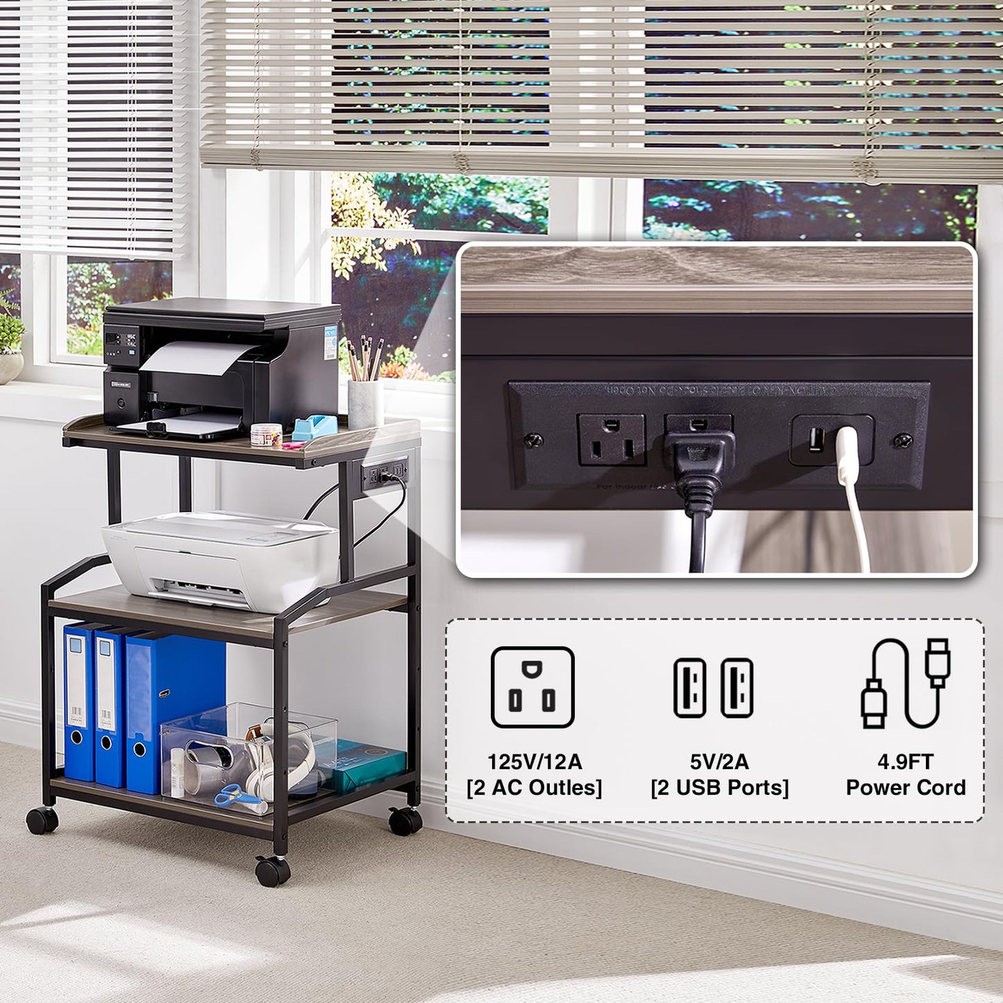 Lauren&Harold 34'' Printer Stand with Storage Printer Table with Power Outlets and USB Ports, Rolling Printer Cart with Adjustable Shelf, Large Printer Stand with Wheels for Home Office, Grey/Black