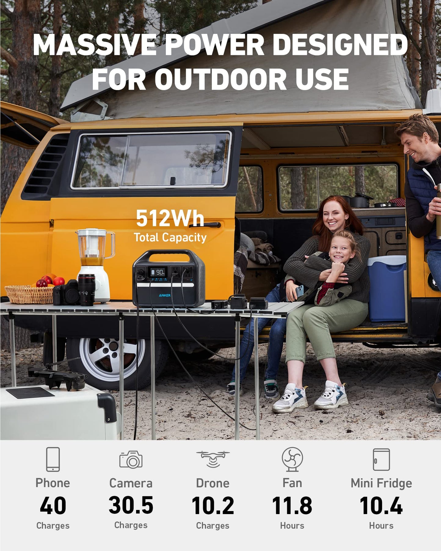 Anker 535 Portable Power Station, 512Wh Solar Generator (Solar Panel Optional) with LiFePO4 Battery Pack, 500W 9-Port Powerhouse, 4 AC Outlets, 60W USB-C PD Output for Outdoor Camping, RV(Anker Solix)