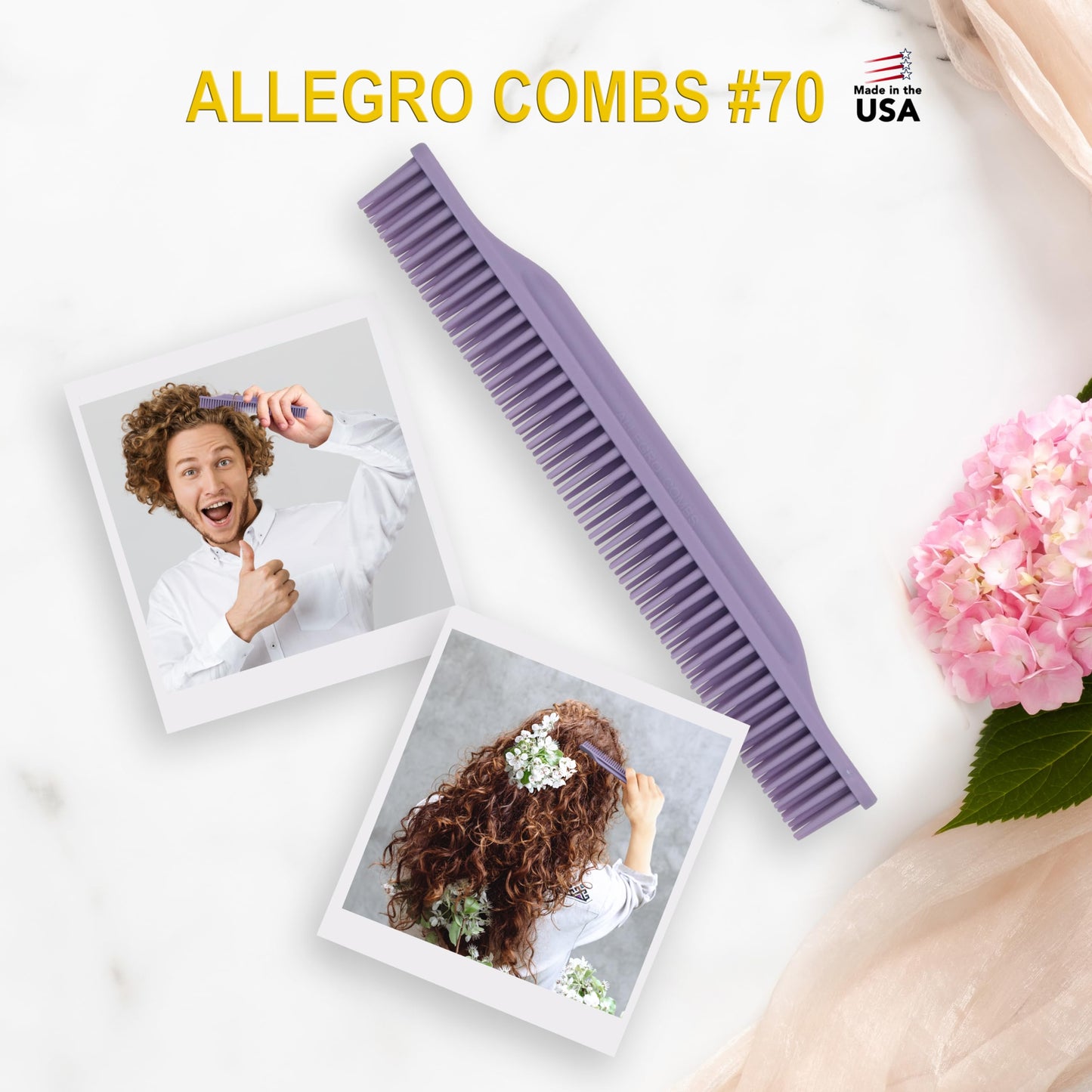 Allegro Combs 3-Row Detangling Comb, Wide Tooth Curl Defining Brush, Perfect for Women Curly Hair Stylists, Curl Defining Comb, Made In The USA, Lavender (#70, 1 Piece)