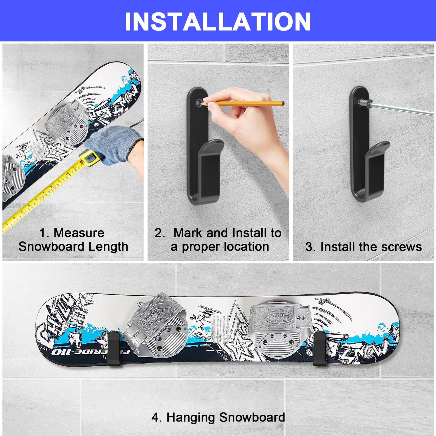 FOROIRON Horizontal Snowboard Wall Mount Clips Snowboard Wall Rack Snowboard Mount Storage Snowboard Display Wall Mount for Room, Garage (4 PCS)