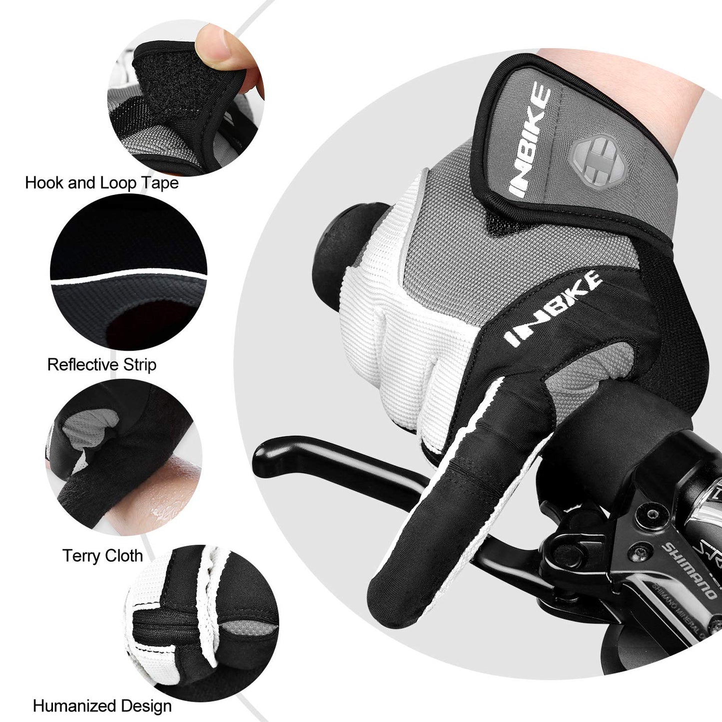 INBIKE Men's Cycling Gloves, Full Finger Gel Padded Mountain Bike Grey Large