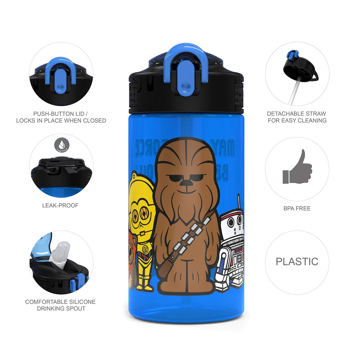 Zak Designs PP Park Straw Kids Durable Plastic Spout Cover and Built-in Carrying Loop, Leak-Proof Water Design for Travel, (16oz, 2pc Set), 2 Count (Pack of 1), Darth Vader Bottle 2pk