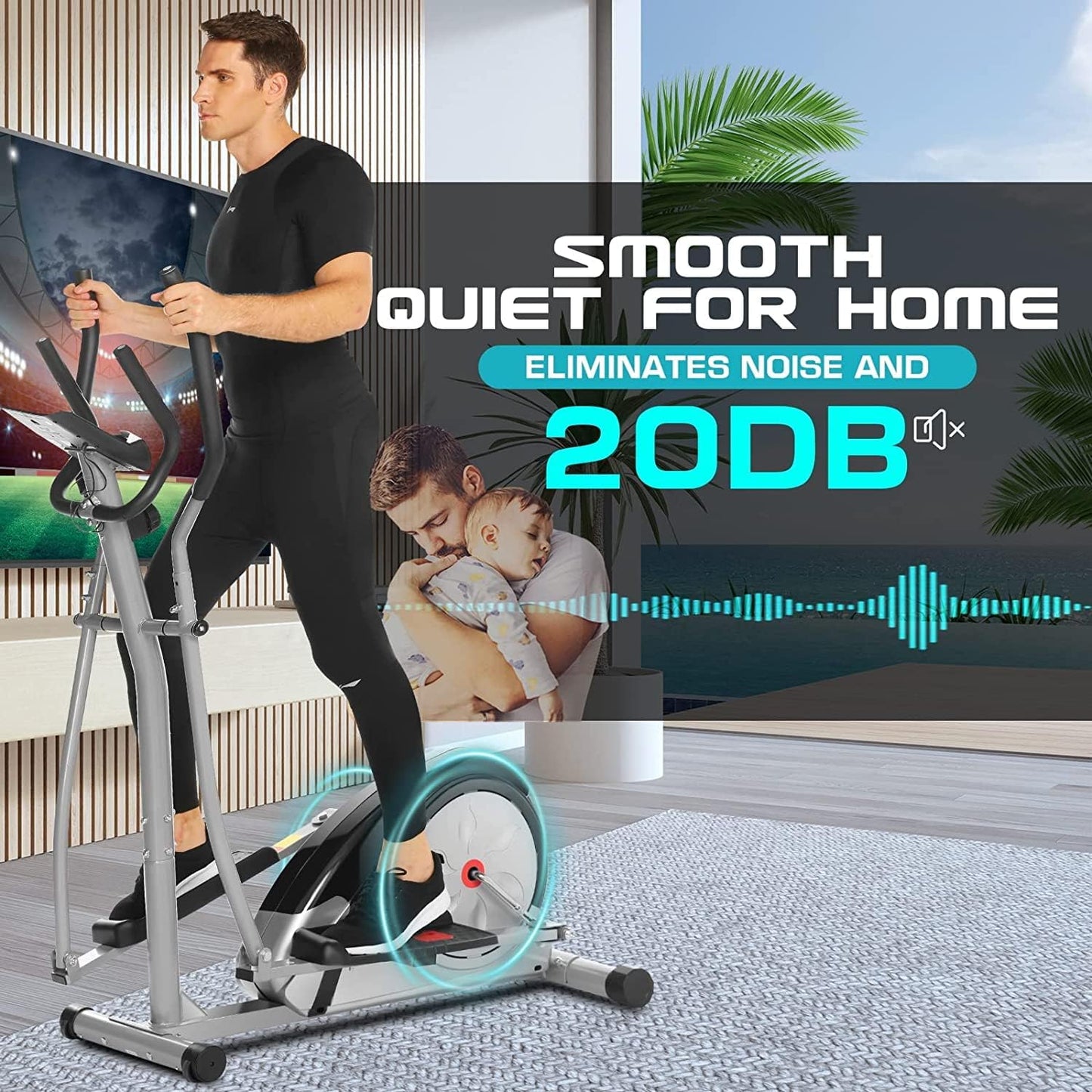 ANCHEER Elliptical Exercise Machine, Elliptical Machines for Home Gym with Pulse Rate Grip and LCD Monitor, 8 Resistance Levels Smooth Quiet Driven for Home Office, Max 350Lbs
