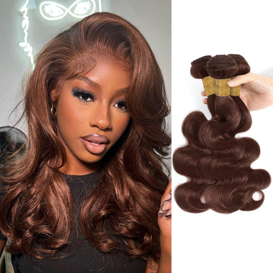 ALHER Chocolate Brown Body Wave 3 Bundles Human Hair, 10A Color #4 Dark Brown Colored Human Hair Bundles Sew In Weave Wavy Bundles, 100% Unprocessed Virgin Remy Hair Soft Thick Bundles 12 14 16 Inch