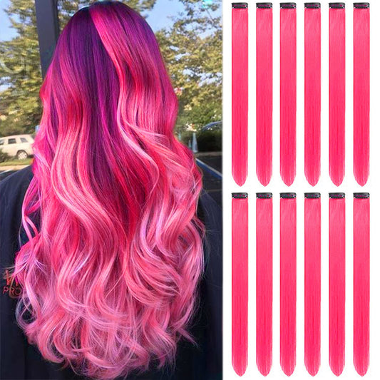 GPOVVIMX 12 PCS Hot Pink Hair Extensions Clip in, Colored Party Highlights Extension for Kids Girls Synthetic Hairpiece Straight 22 inch