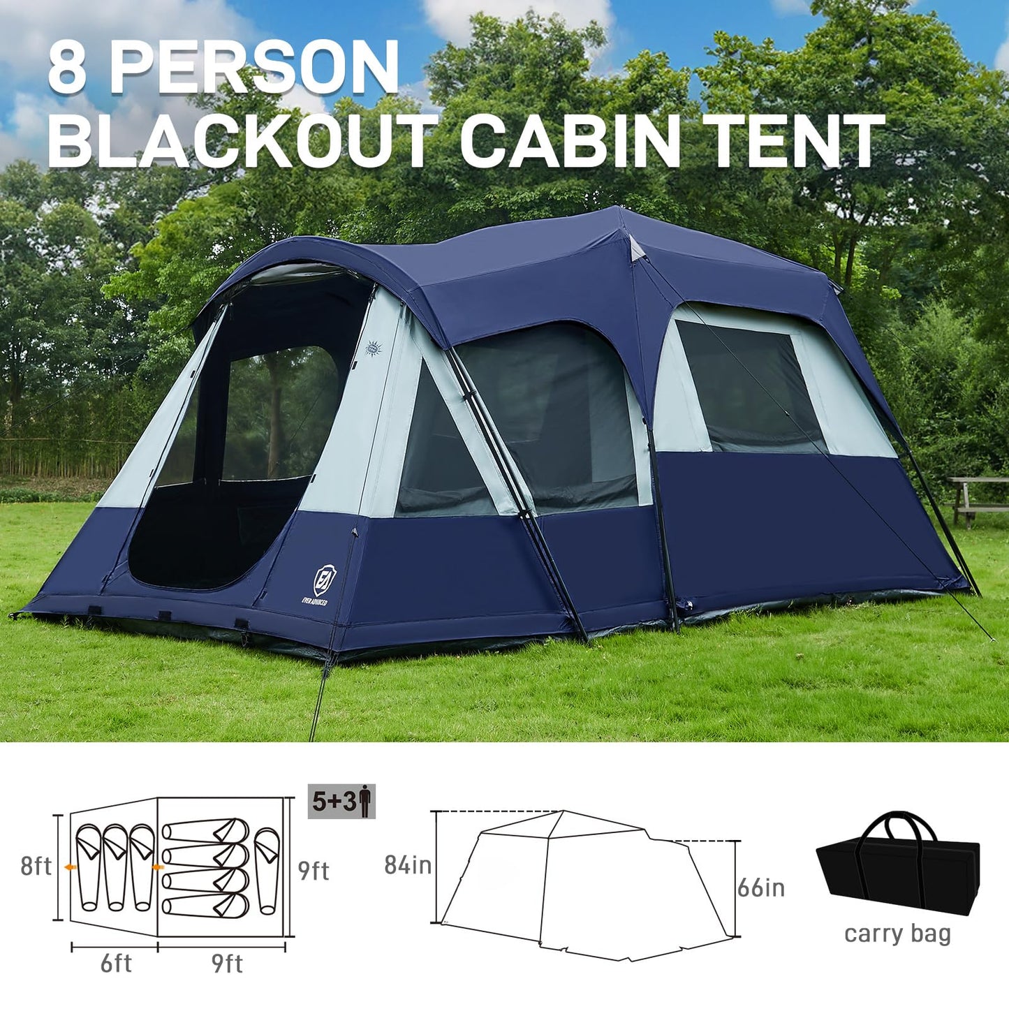 EVER ADVANCED 8 Person Blackout Cabin Tent, Camping Tent with Multi Room, Family Tent with Extra Porch and Rainfly, 2 Rooms Huge Portable with Carry Bag, Water Resistant