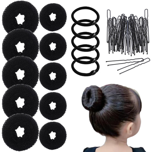 10 Pcs Hair Bun Maker - Donut Bun Maker for Hair(5 medium and 5 small),Ballet Bun for Women and Kids with Elastic Hair Ties, Hair Pins(Black)
