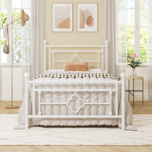 Allewie Twin Size Metal Platform Bed Frame with Victorian Vintage Headboard and Footboard/Mattress Foundation/Under Bed Storage/No Box Spring Needed/Noise-Free/Easy Assembly, White