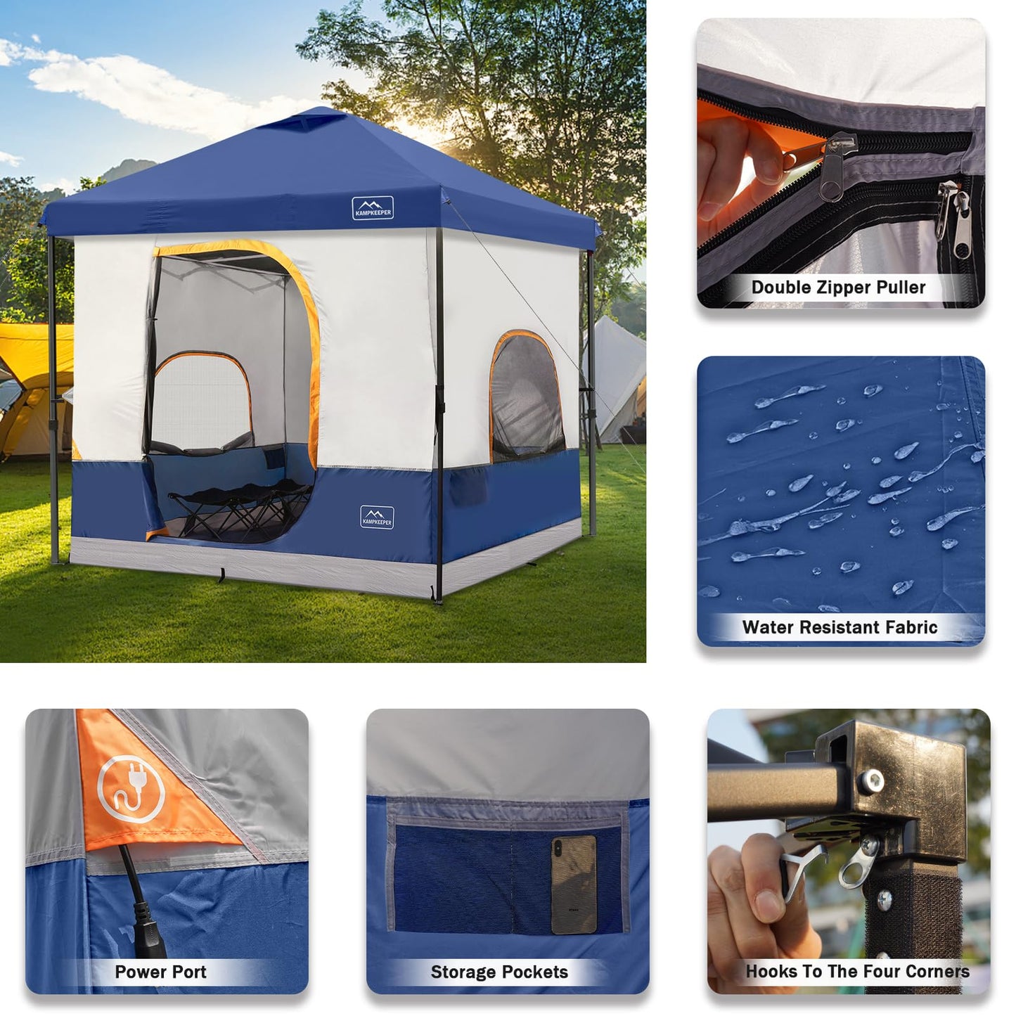 KAMPKEEPER 6 Person Camping Tent, 10x10 Pop Up Canopy Tent with Camping Cube, Converts 10'x10' Straight Leg Canopy into Camping Inner Tent–Fully Vented Roof(Canopy & Frame Included) (Navy Blue)