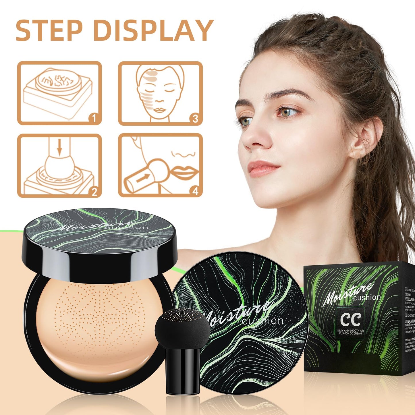 Air Cushion CC Cream - Mushroom Head BB Cream Foundation Makeup Moisturizing Concealer Long-Lasting, Cushion Foundation Full Coverage Self Adjusting for Mature Skin & All Skin Types (Deep)
