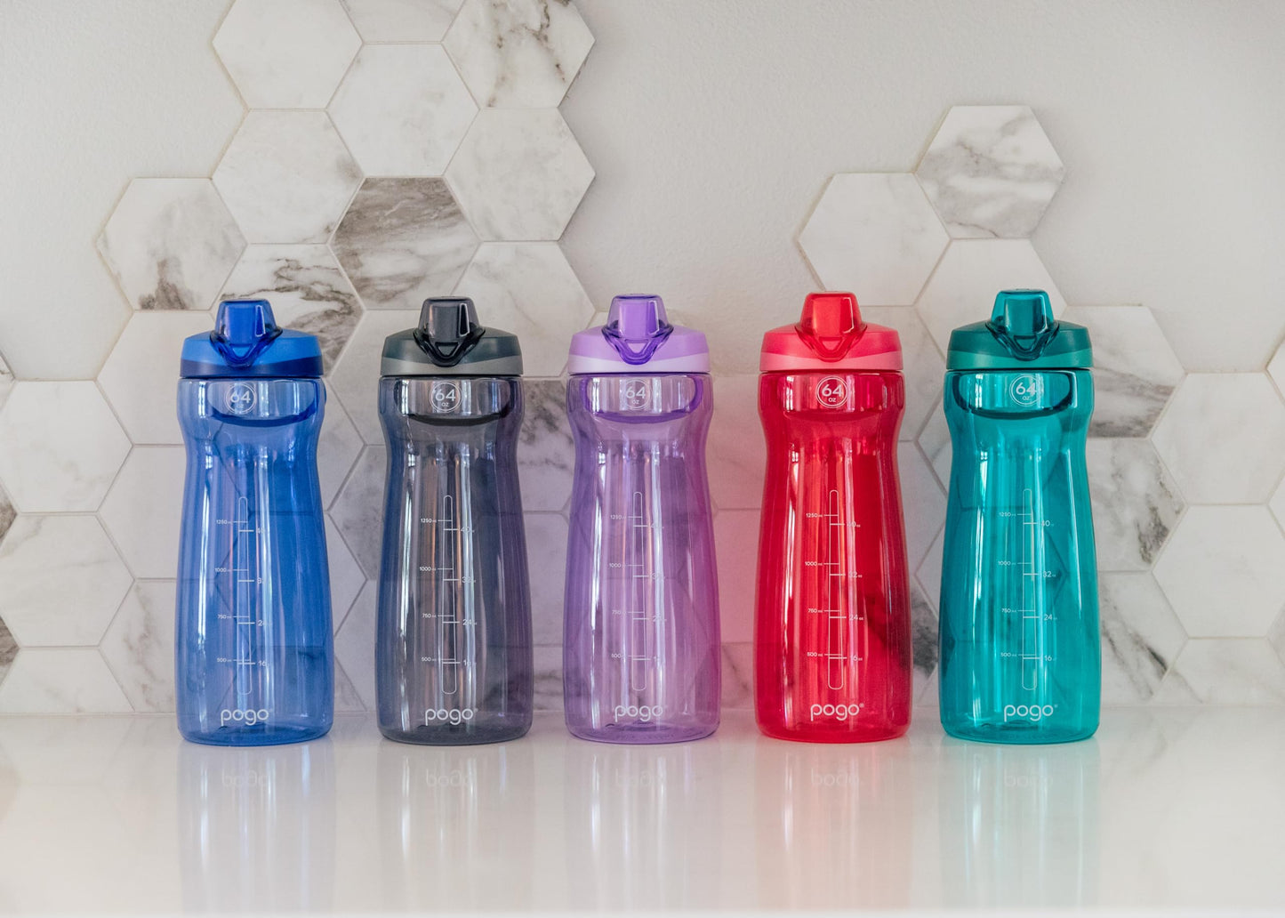 Pogo 64oz Plastic Water Bottle with Leak-Proof Chug Lid and Carry Handle, Reusable, BPA Free, Capacity Markings, Dishwasher Safe, Perfect for Travel, School, Outdoors, and Gym, Blue