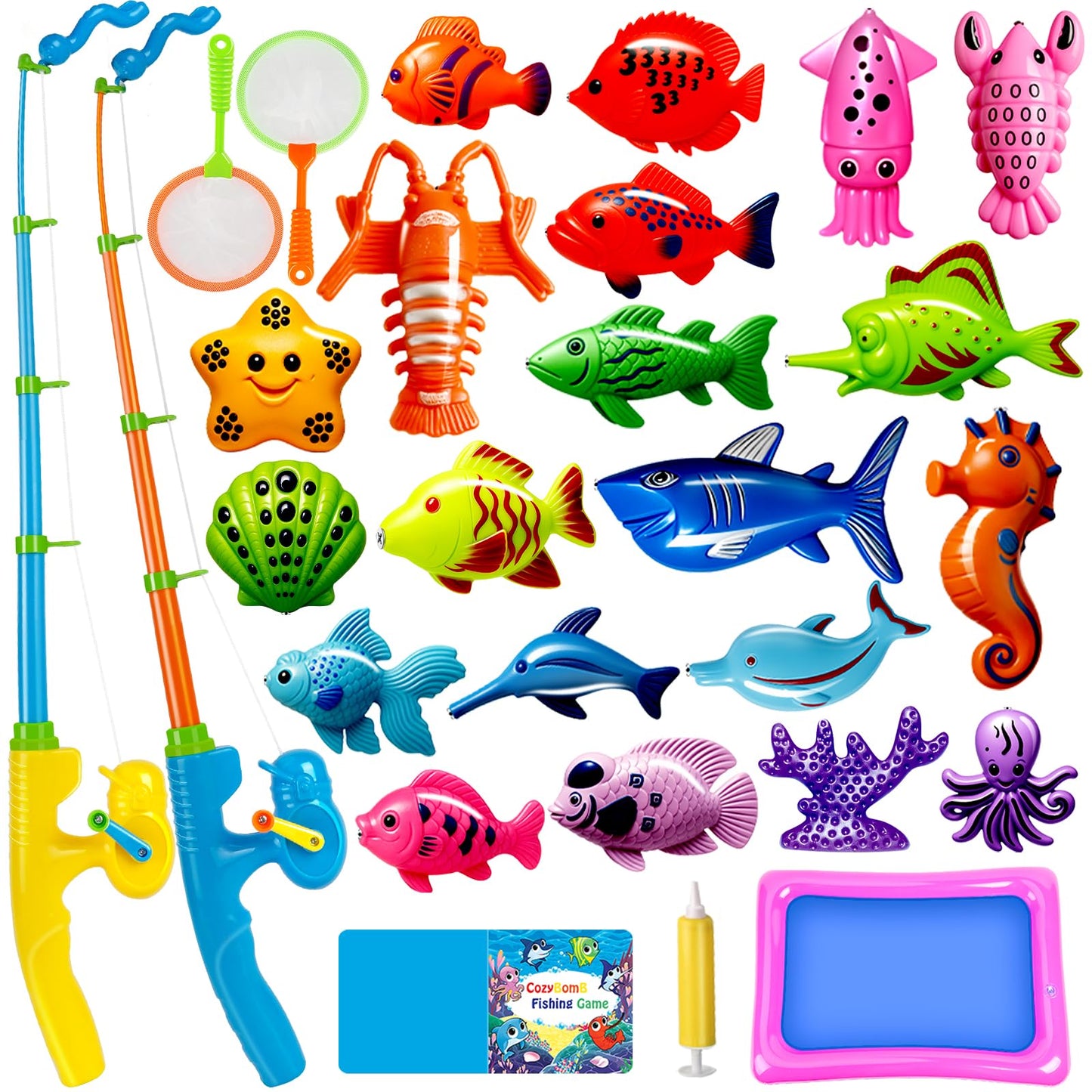 CozyBomB™ Kids Fishing Bath Toys Game | Magnetic Floating Toy Magnet Pole Rod Net, Plastic Floating Fish Toddler Pool Education Teaching and Learning Colors Birthday Age 3 4 5 6 Year