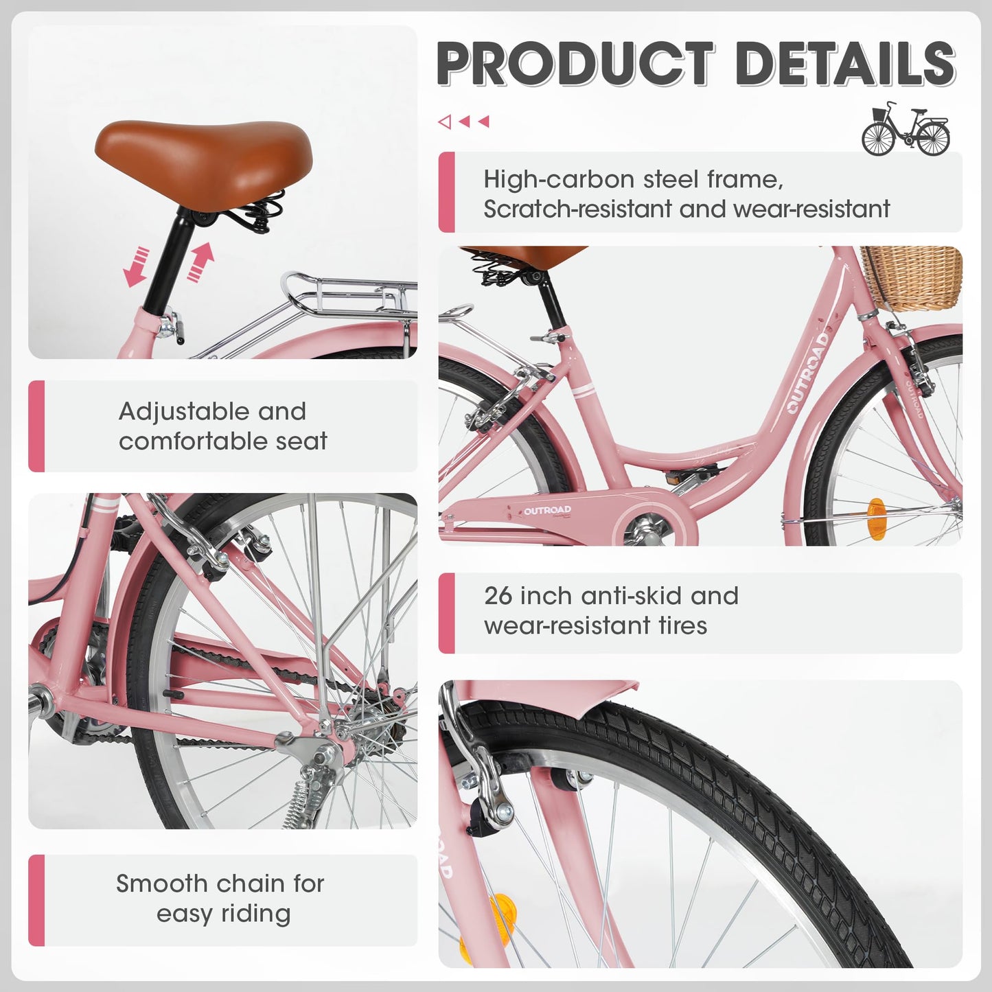 Outroad Beach Cruiser Bike, 24 inch Commuter Bicycle for Adult Men and Women,High-Carbon Steel Comfortable City Bikes with Rear Rack or Basket,Pink