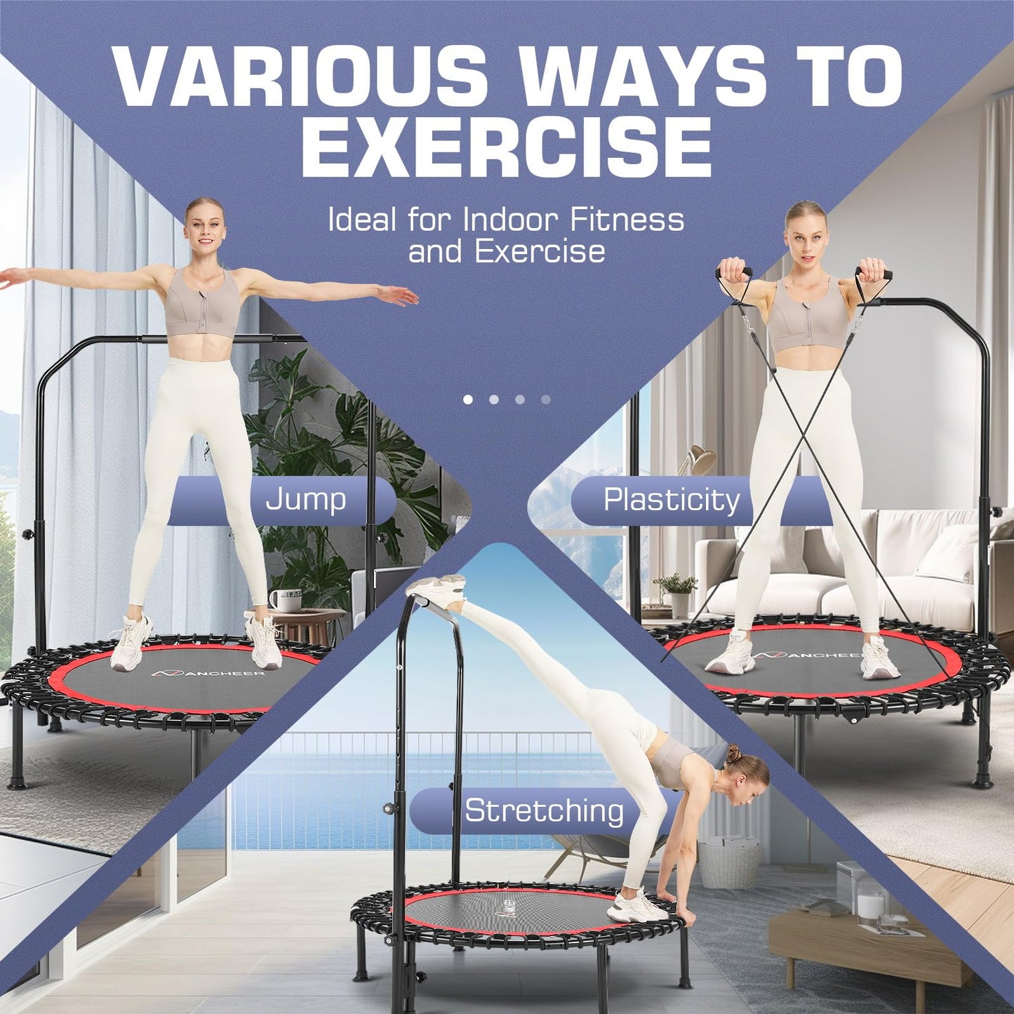 ANCHEER Foldable Mini Trampoline,40" Trampoline for Adults,Fitness Rebounder with Adjustable Foam Handle.Exercise Trampoline for Kids Indoor/Garden