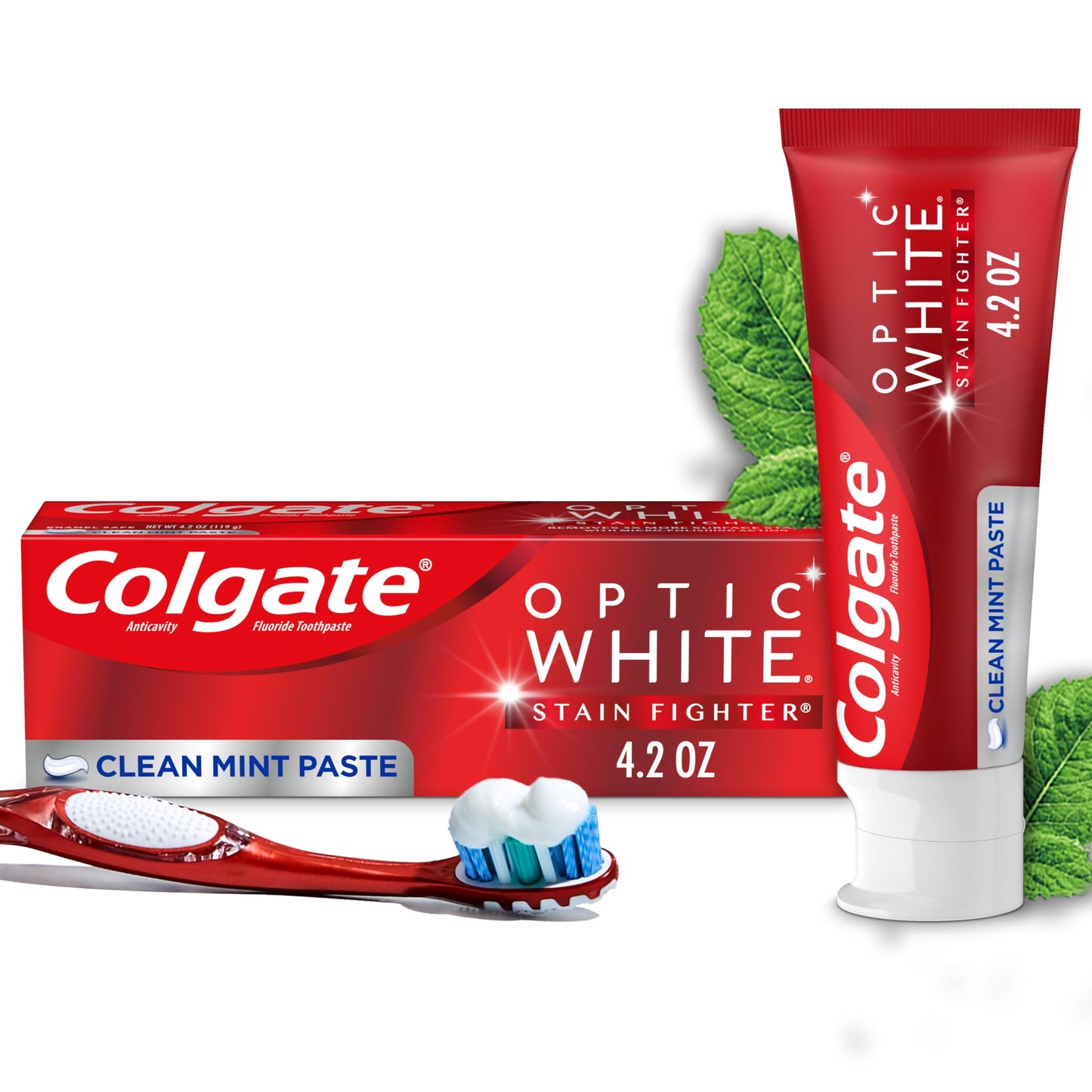 Colgate Optic White Stain Fighter Whitening Toothpaste, Clean Mint Flavor, Safely Removes Surface & Cavity Protection Regular Fluoride Toothpaste, White, 6 oz